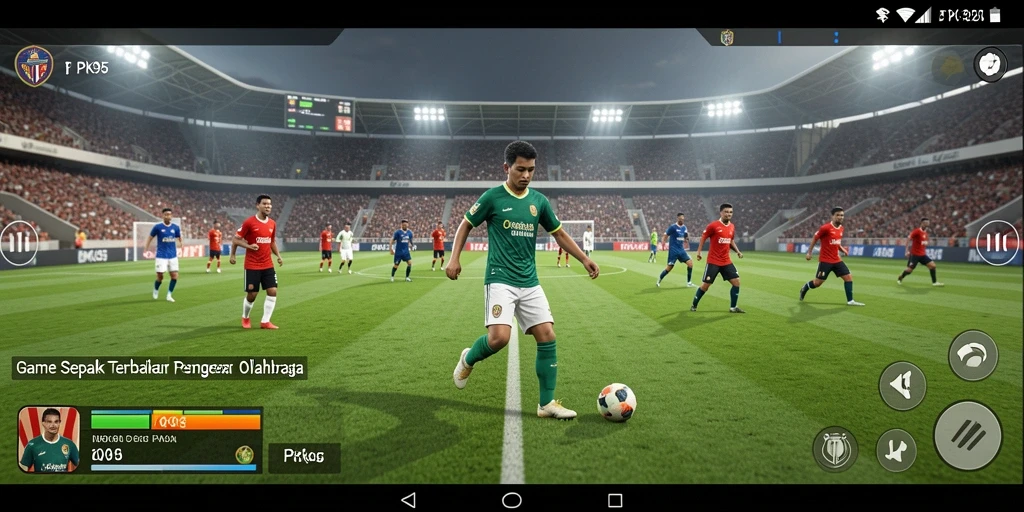 Screenshot utama PK95 menampilkan aksi pertandingan sepak bola yang seru.