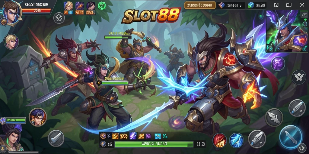 Screenshot utama SLOT88 menampilkan aksi intens dalam gameplay MOBA.
